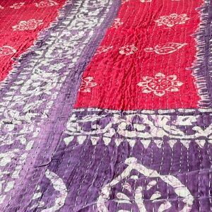 Vibrant Red and Purple Kantha Quilt